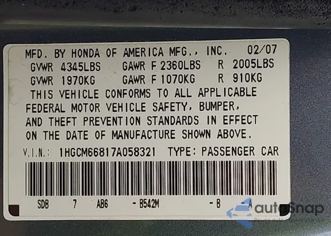 2007 Honda Accord 3.0 Ex from USA, damaged, VIN 1HGCM66817A058321